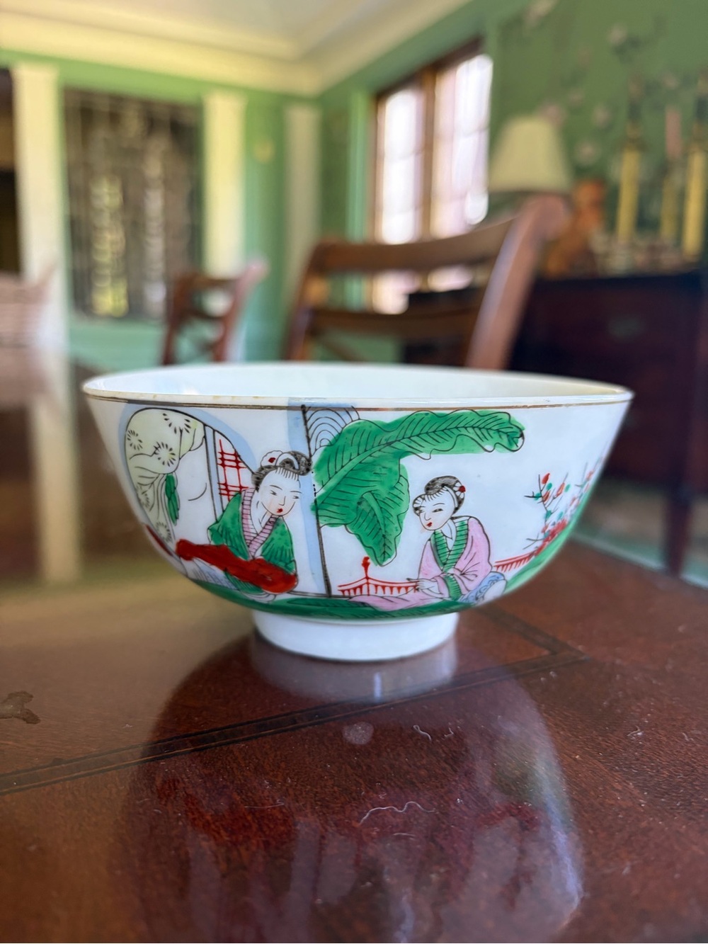 Vintage Asian Porcelain Bowl with Painted Figures and Greenery